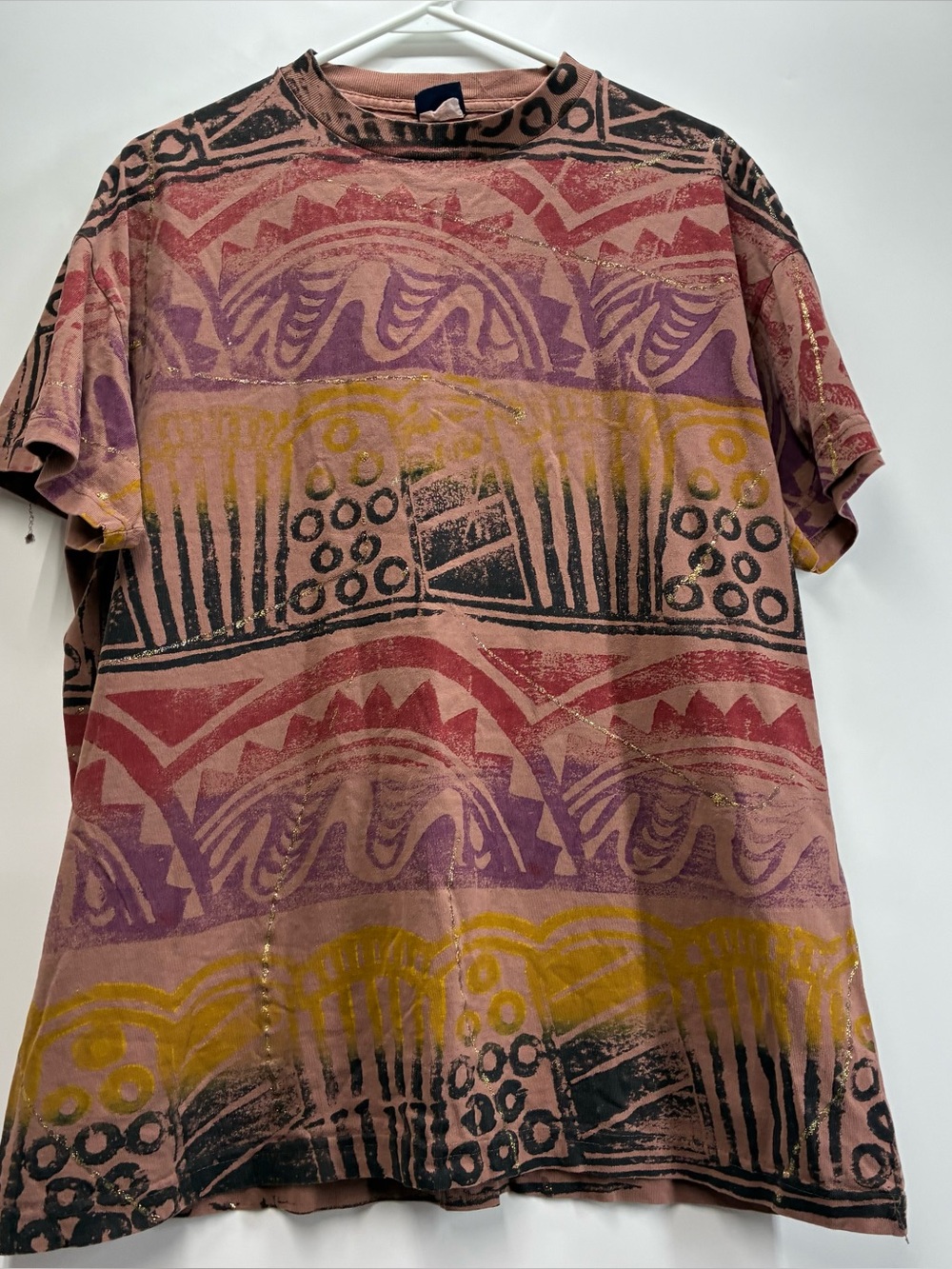 Vintage 90s AOP All Over Print XL Geometric Colorful Striped Short Sleeve Tee